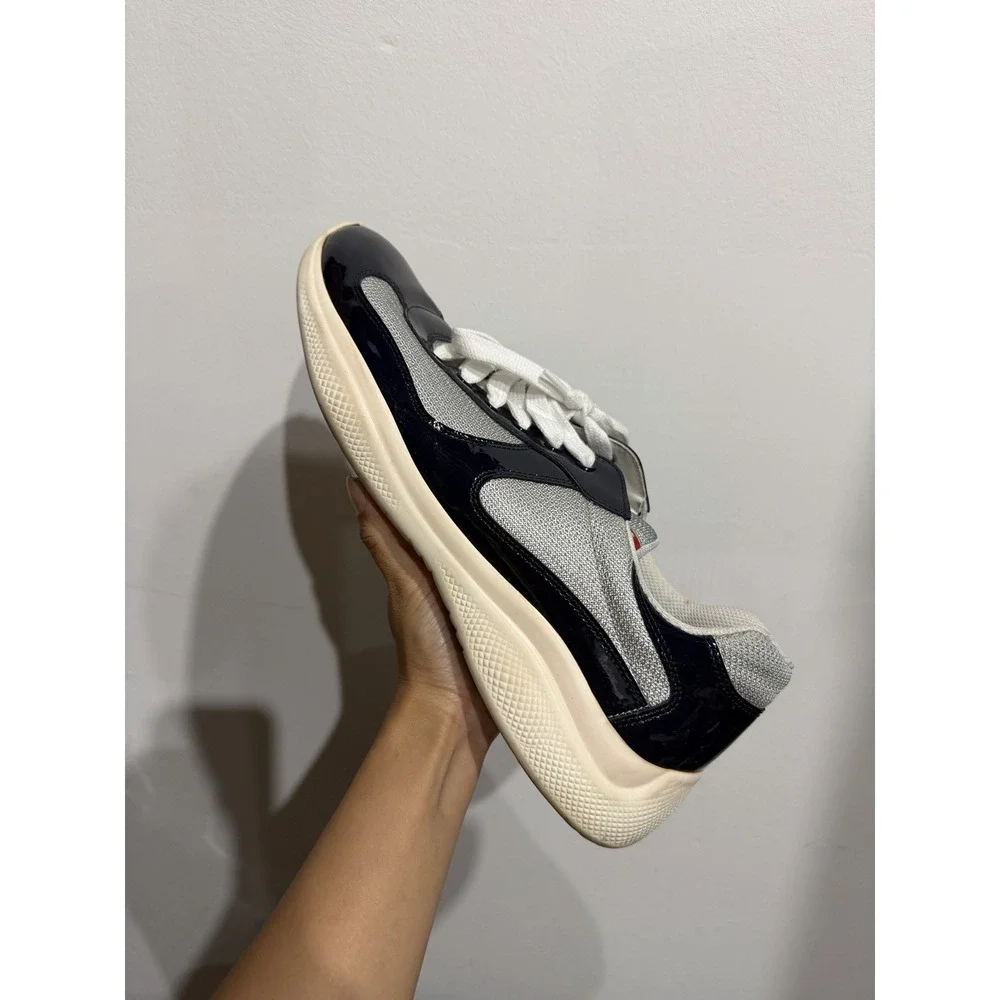 Prada Vernice Bike Patent Mesh Sneakers Navy/Silver Mens Size 11